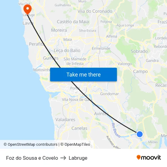 Foz do Sousa e Covelo to Labruge map