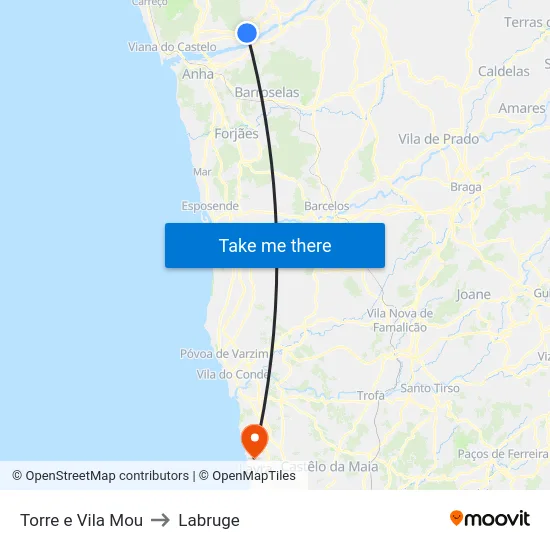 Torre e Vila Mou to Labruge map