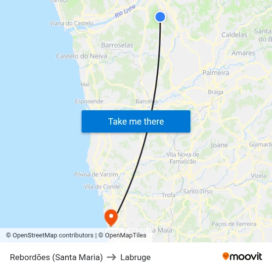 Rebordões (Santa Maria) to Labruge map