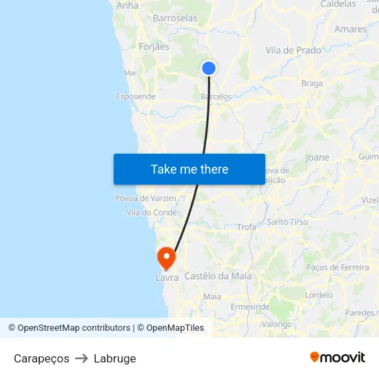 Carapeços to Labruge map