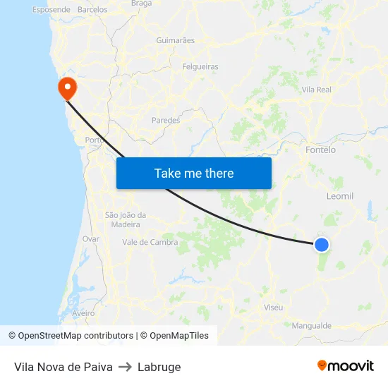 Vila Nova de Paiva to Labruge map