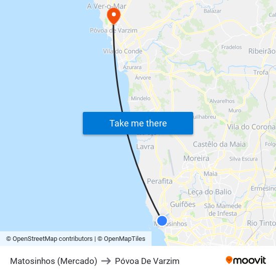 Matosinhos (Mercado) to Póvoa De Varzim map