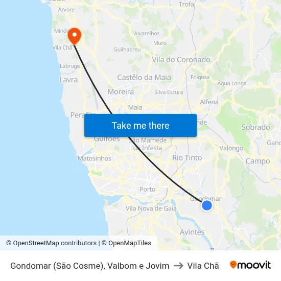 Gondomar (São Cosme), Valbom e Jovim to Vila Chã map