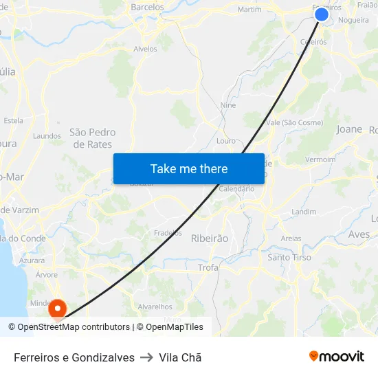 Ferreiros e Gondizalves to Vila Chã map