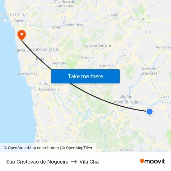 São Cristóvão de Nogueira to Vila Chã map