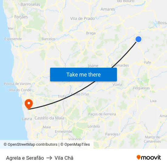Agrela e Serafão to Vila Chã map