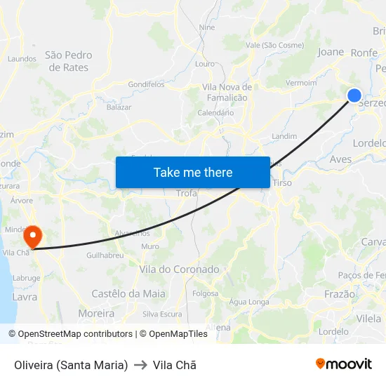 Oliveira (Santa Maria) to Vila Chã map