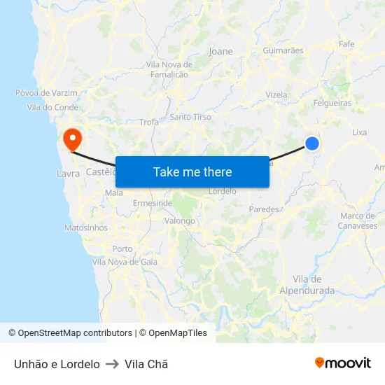 Unhão e Lordelo to Vila Chã map