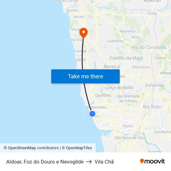 Aldoar, Foz do Douro e Nevogilde to Vila Chã map