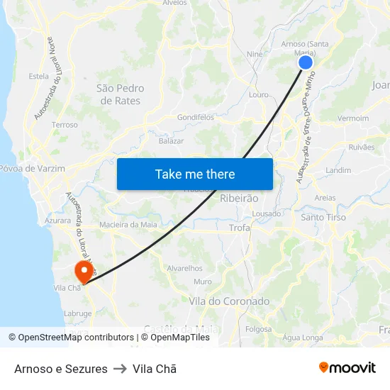 Arnoso e Sezures to Vila Chã map