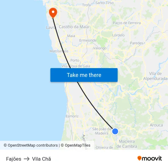 Fajões to Vila Chã map