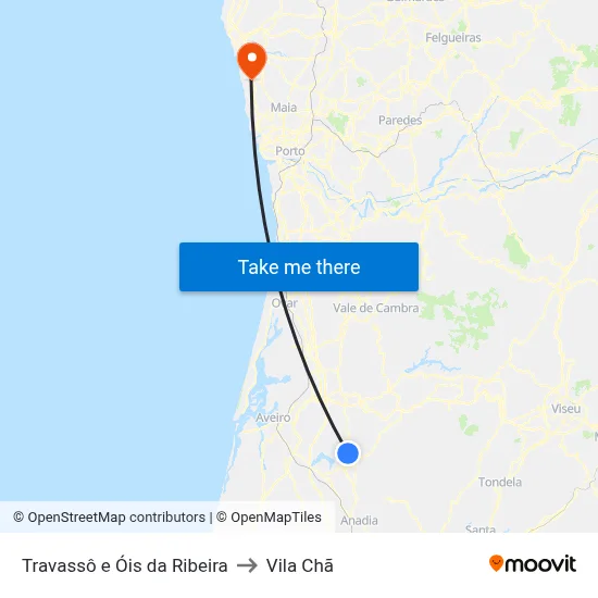 Travassô e Óis da Ribeira to Vila Chã map