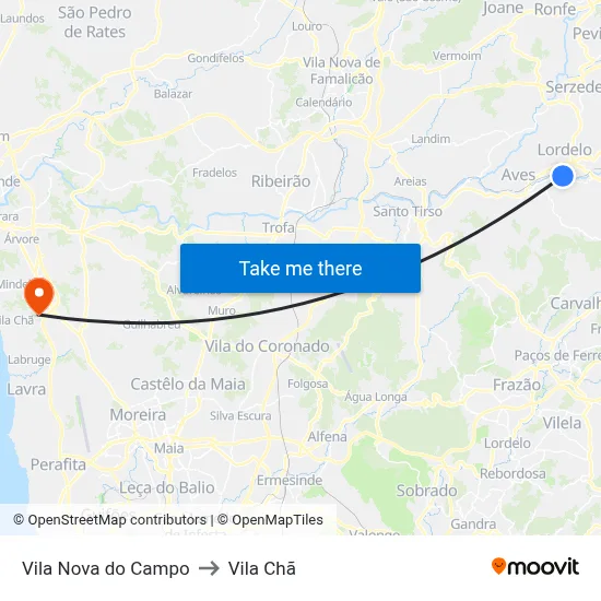 Vila Nova do Campo to Vila Chã map
