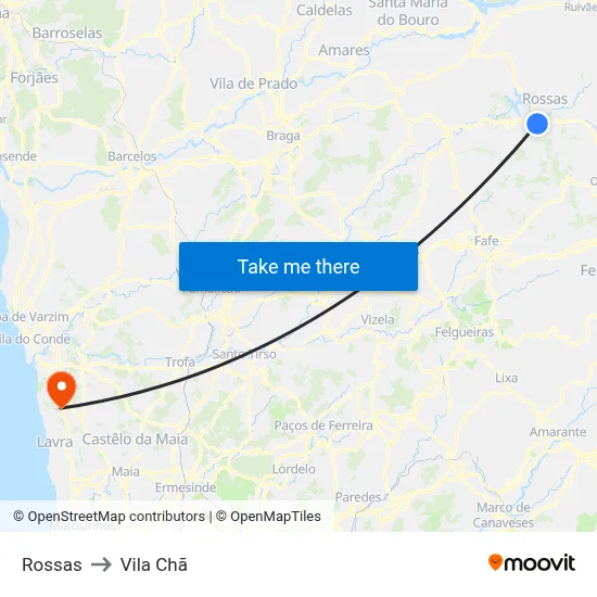 Rossas to Vila Chã map