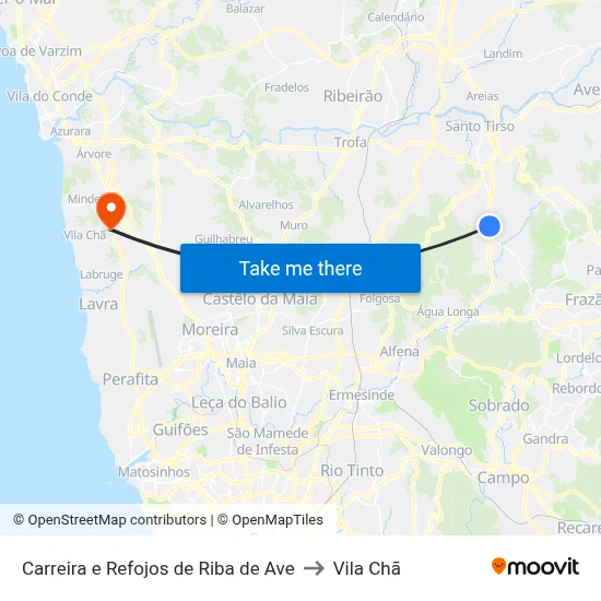 Carreira e Refojos de Riba de Ave to Vila Chã map