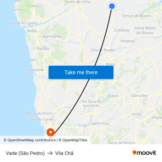 Vade (São Pedro) to Vila Chã map