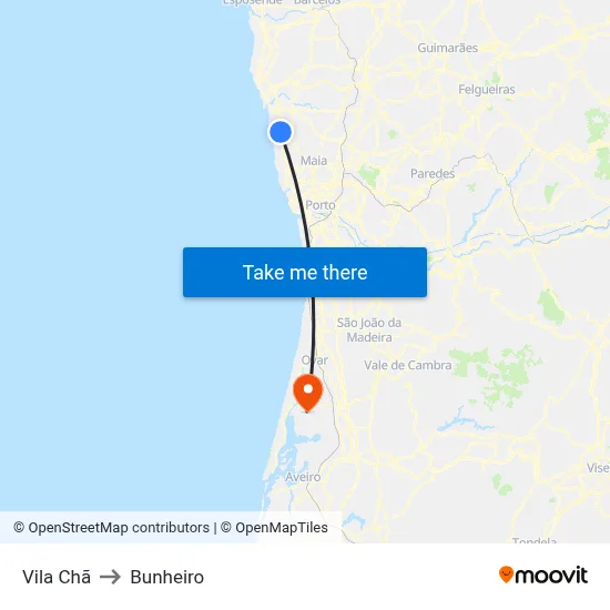 Vila Chã to Bunheiro map