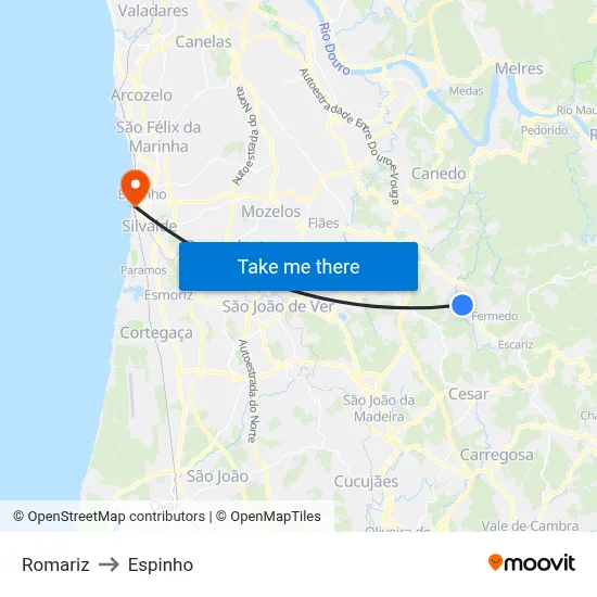 Romariz to Espinho map