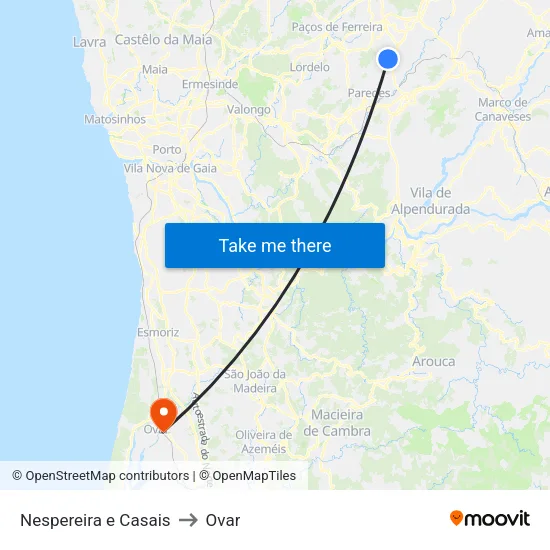 Nespereira e Casais to Ovar map