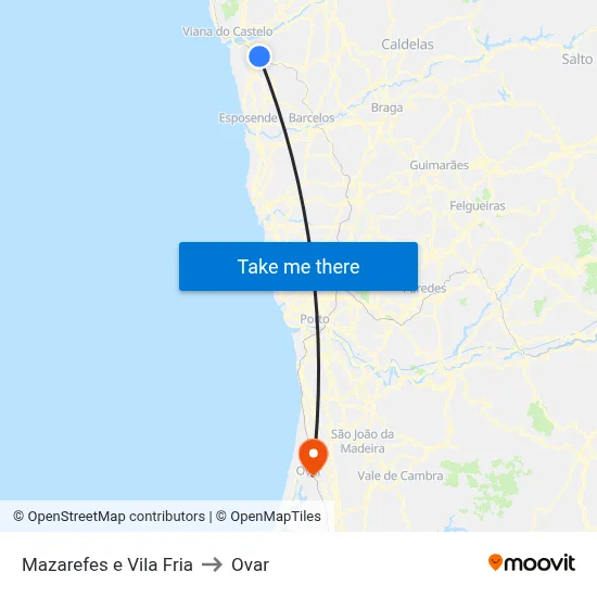 Mazarefes e Vila Fria to Ovar map