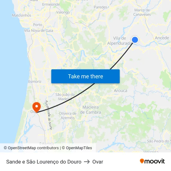 Sande e São Lourenço do Douro to Ovar map