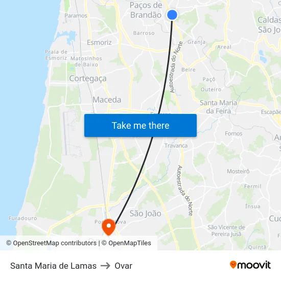 Santa Maria de Lamas to Ovar map