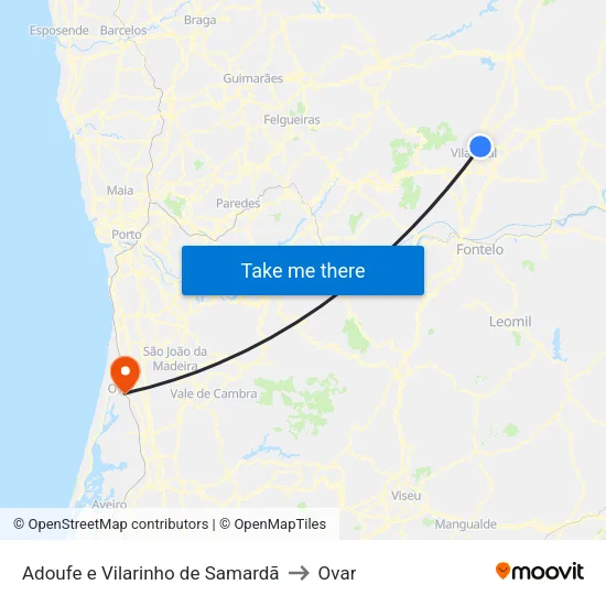 Adoufe e Vilarinho de Samardã to Ovar map