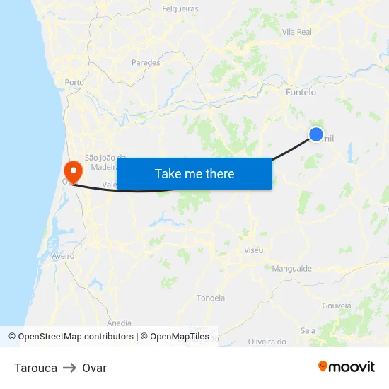 Tarouca to Ovar map