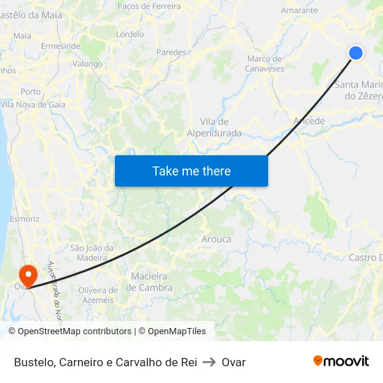 Bustelo, Carneiro e Carvalho de Rei to Ovar map