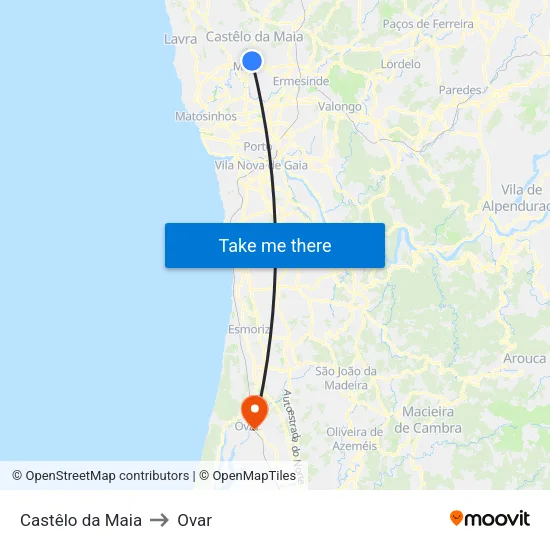 Castêlo da Maia to Ovar map