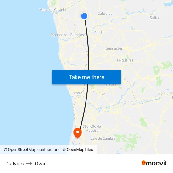 Calvelo to Ovar map