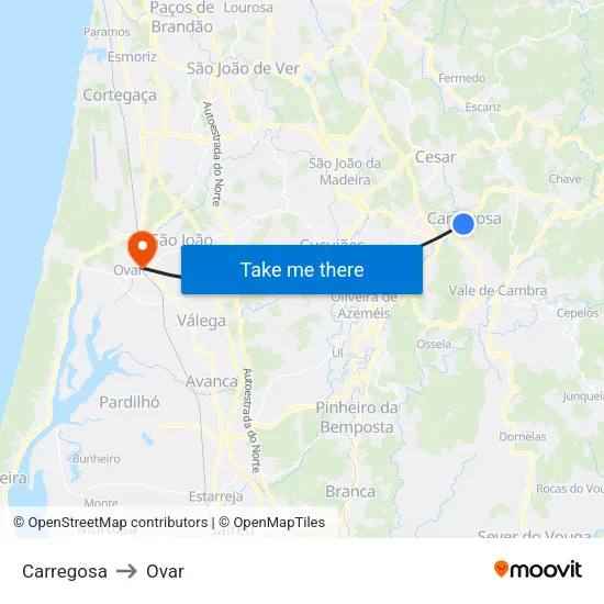 Carregosa to Ovar map