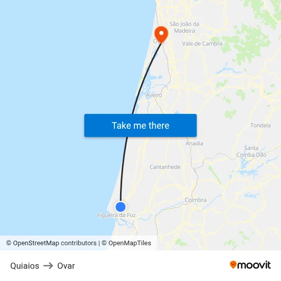 Quiaios to Ovar map