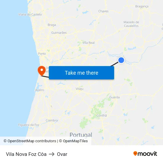 Vila Nova Foz Côa to Ovar map
