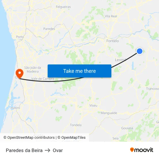 Paredes da Beira to Ovar map