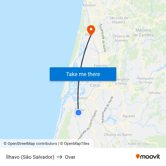 Ílhavo (São Salvador) to Ovar map