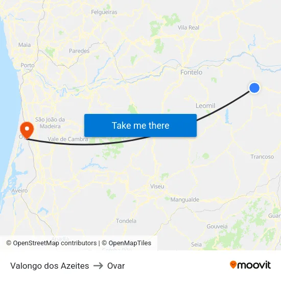Valongo dos Azeites to Ovar map