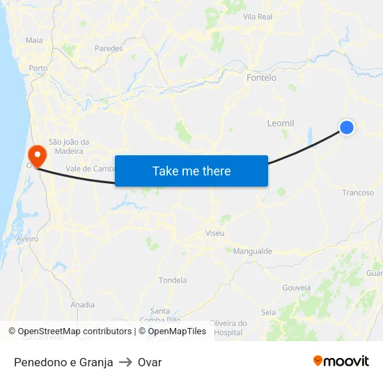 Penedono e Granja to Ovar map