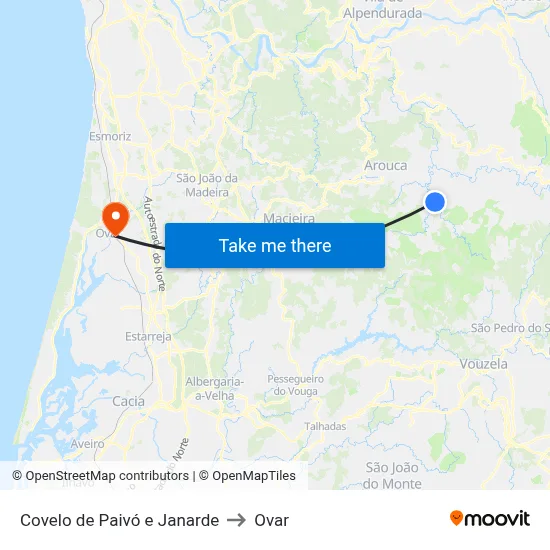 Covelo de Paivó e Janarde to Ovar map