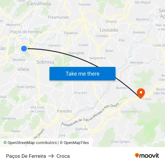 Paços De Ferreira to Croca map