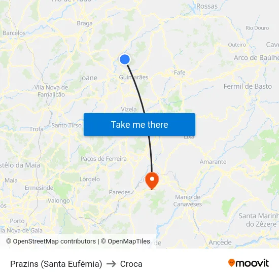Prazins (Santa Eufémia) to Croca map