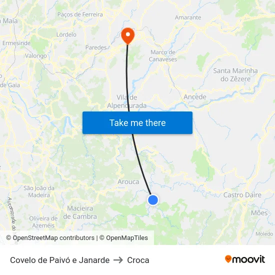 Covelo de Paivó e Janarde to Croca map