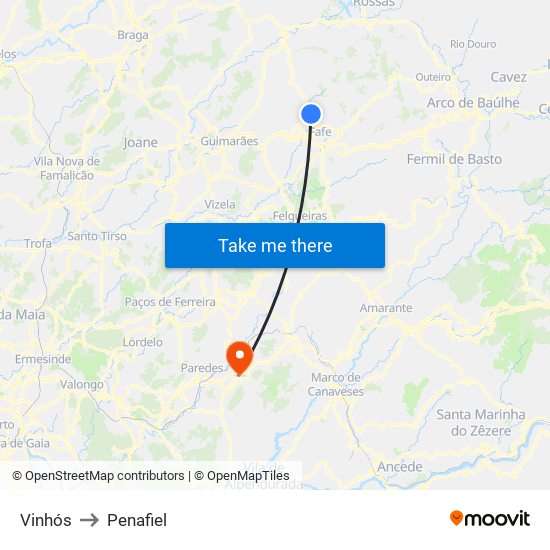Vinhós to Penafiel map