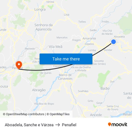 Aboadela, Sanche e Várzea to Penafiel map