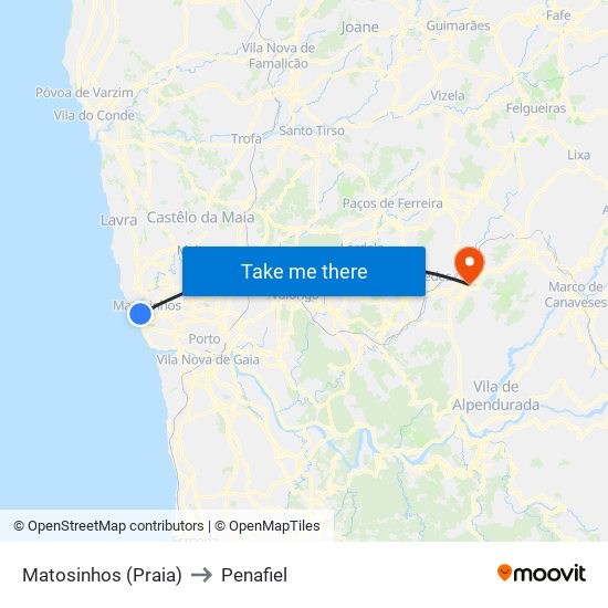 Matosinhos (Praia) to Penafiel map