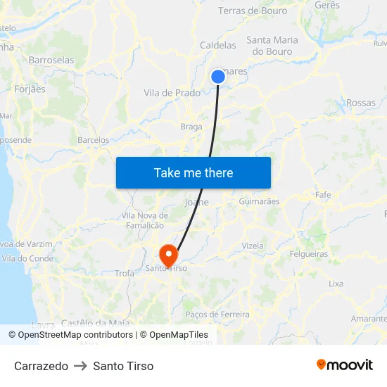 Carrazedo to Santo Tirso map