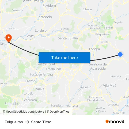 Felgueiras to Santo Tirso map