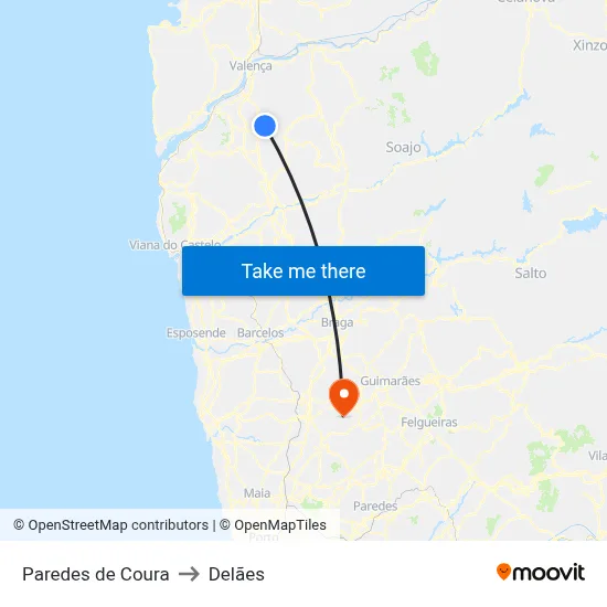 Paredes de Coura to Delães map