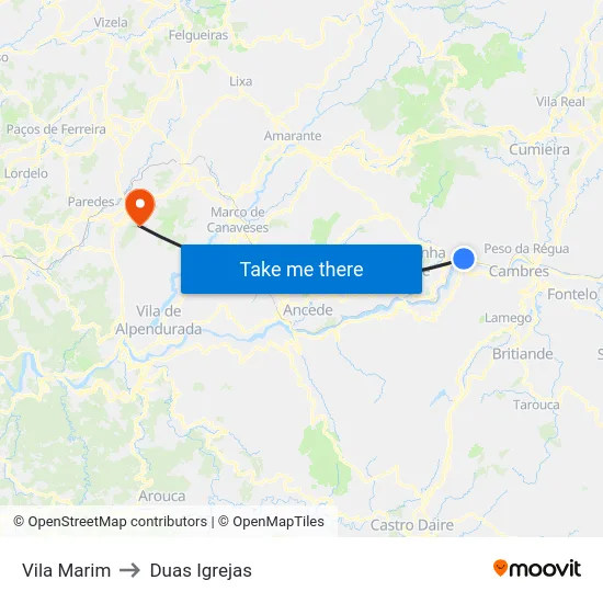 Vila Marim to Duas Igrejas map