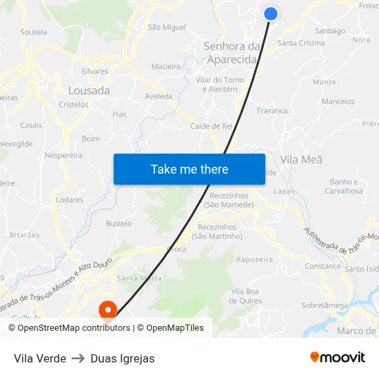 Vila Verde to Duas Igrejas map